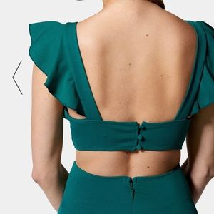 Bebe open back ruffle midi dress color evergreen size medium